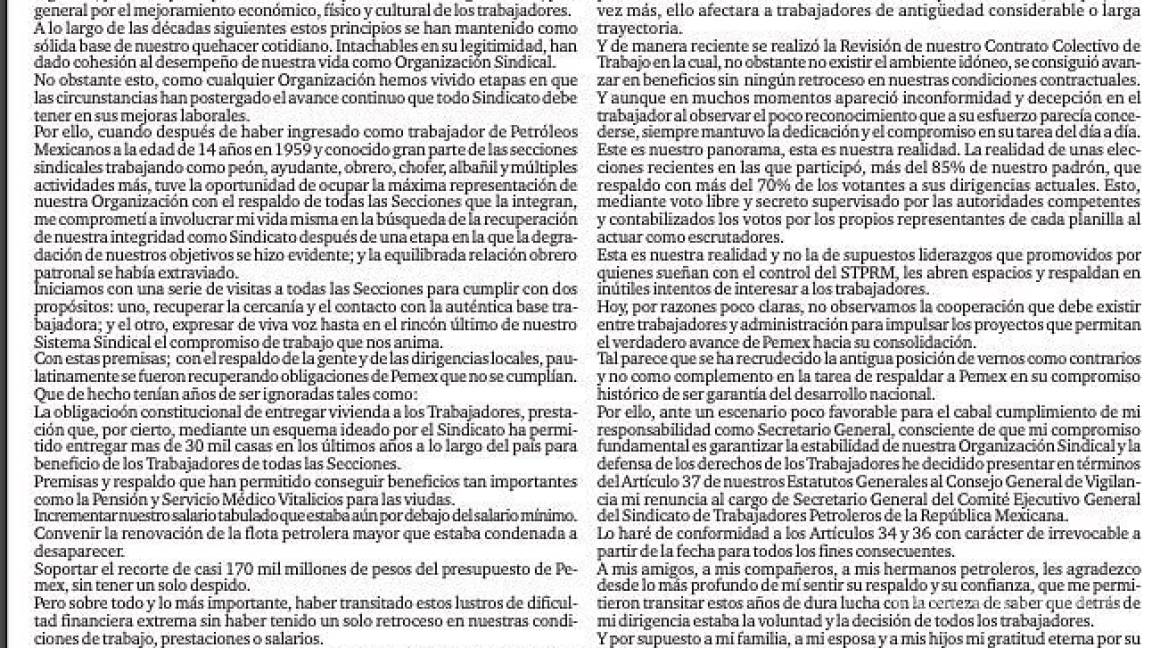 $!Se recrudeció la posición de vernos como contrarios en Pemex, dice Romero Deschamps tras renuncia