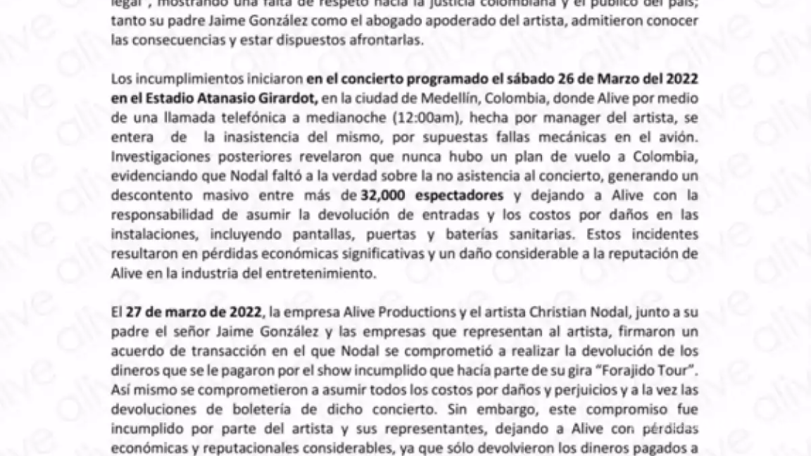 $!Alive Productions demanda a Christian Nodal por 2.5 millones de dólares tras cancelación de concierto en Medellín