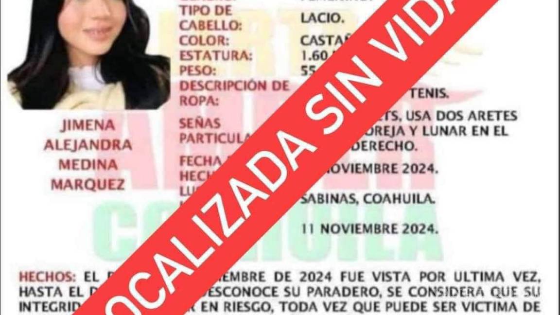 Confirman hallazgo de Jimena, de 17 años, en Sabinas; detienen a sospechoso