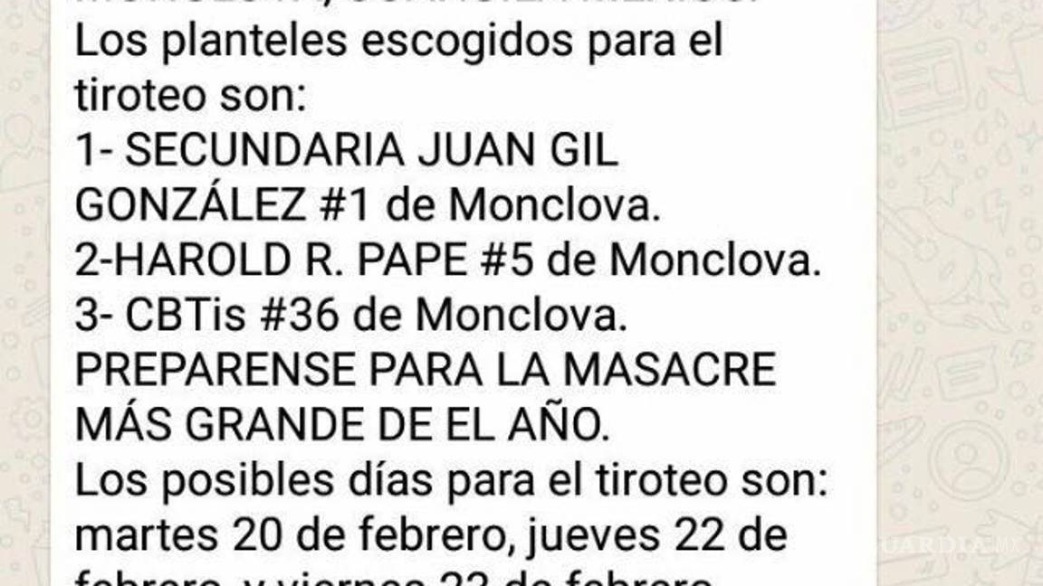 $!Difunden amenaza de 'Legión Holk' a escuelas de Monclova; es falsa: autoridades