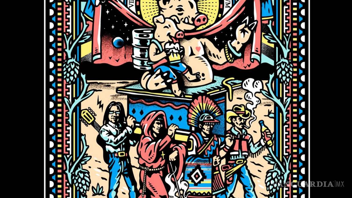 $!En 2018 creó esta imagen para el 14 aniversario del Cerdo de Babel, donde incluyó a figuras populares de la ciudad como los matlachines y ‘El hombre electrónico’.