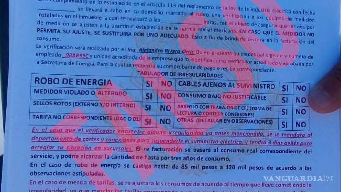 Alerta CFE sobre documento apócrifo que circula en Saltillo