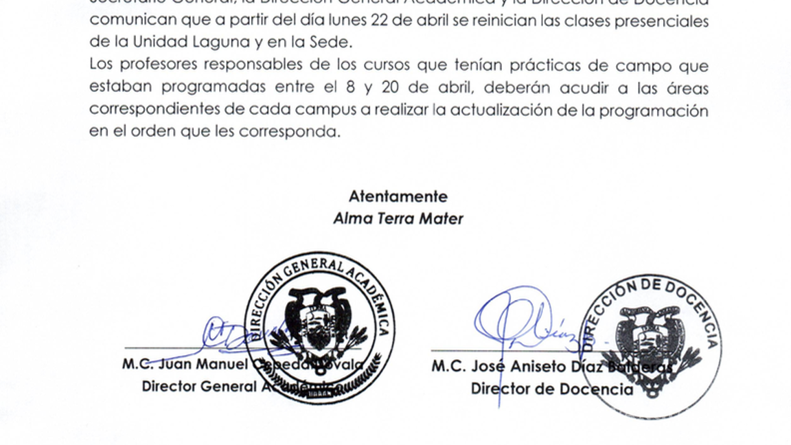 $!El comunicado emitido por las autoridades de la UAAAN anuncia la reanudación de las clases presenciales tras el proceso de emplazamiento a huelga por parte del SSUTUAAAN.