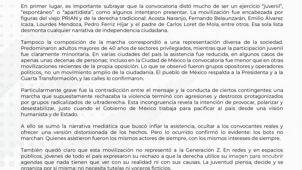 $!Morena sobre la ‘Marcha de la Generación Z’ en la Ciudad de México.