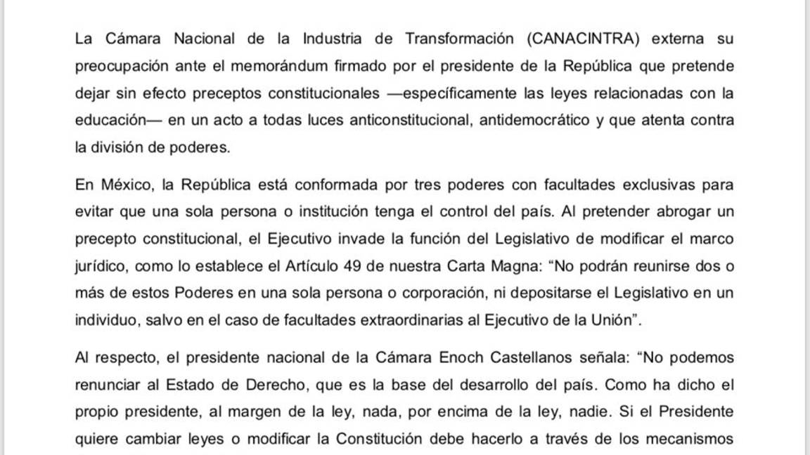 $!Canacintra se suma a críticas contra AMLO por memorándum