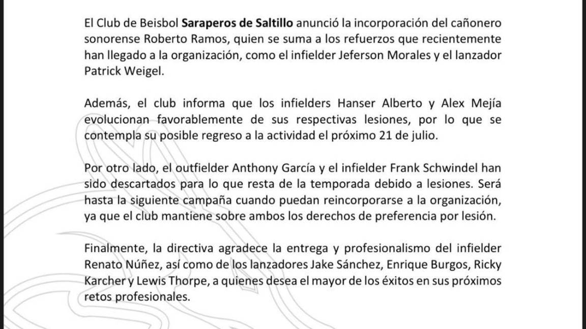 $!Saraperos de Saltillo suma a Roberto Ramos y alista regreso de Alex Mejía para cerrar temporada 2025