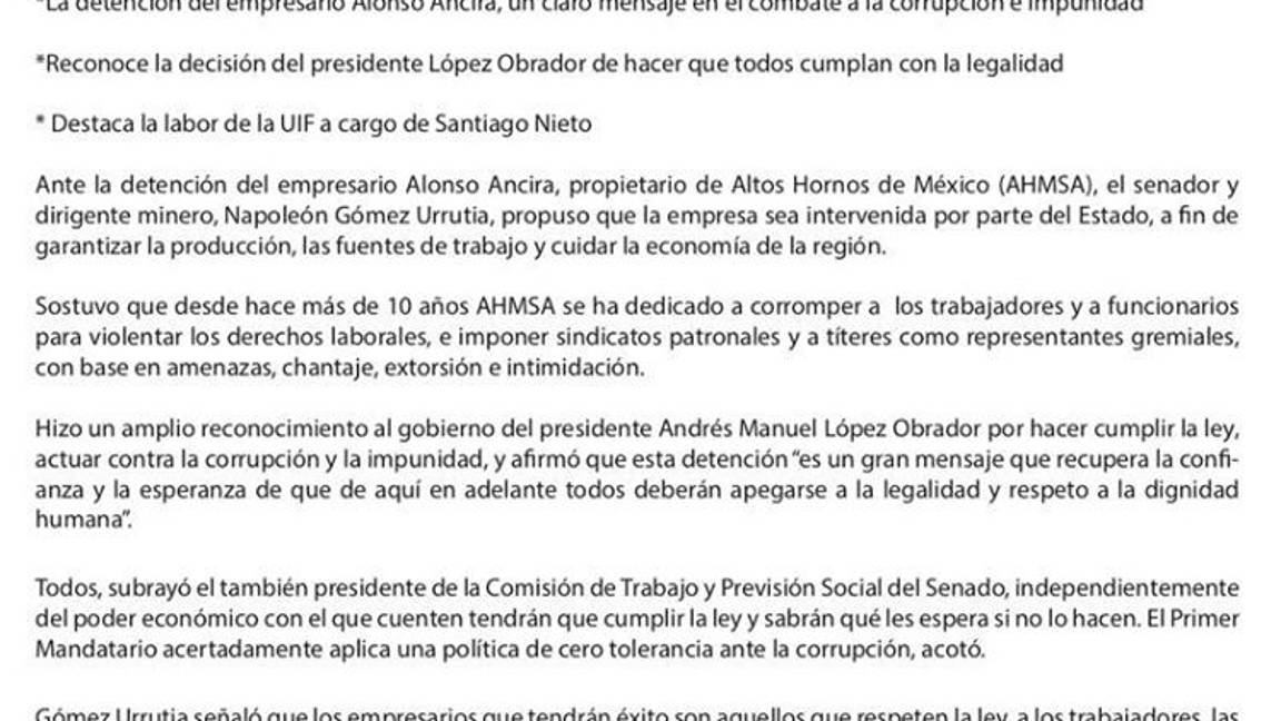 $!Gómez Urrutia propone que el Estado intervenga en AHMSA por empleos
