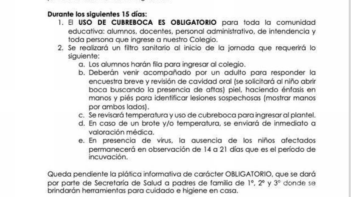 $!Padres y alumnos del Colegio Nicolás Bravo deben acatar nuevas medidas preventivas ante posibles casos de coxsackie, incluyendo uso obligatorio de cubrebocas y filtros de ingreso.