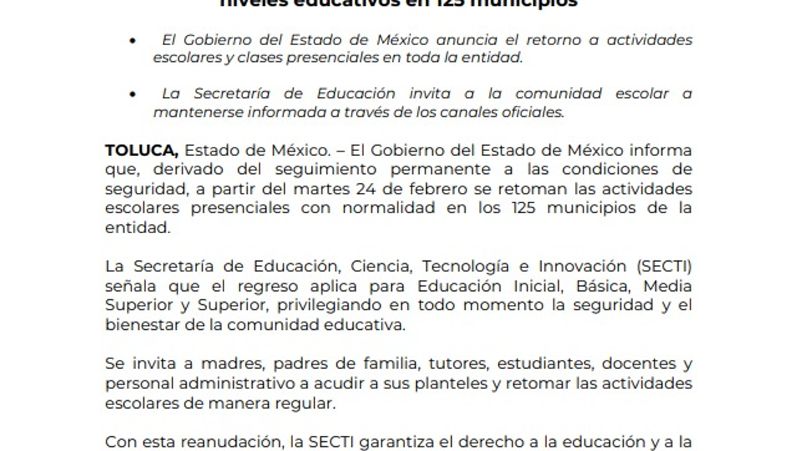 $!125 municipios del Estado de México regresan a clases presenciales tras ola violenta