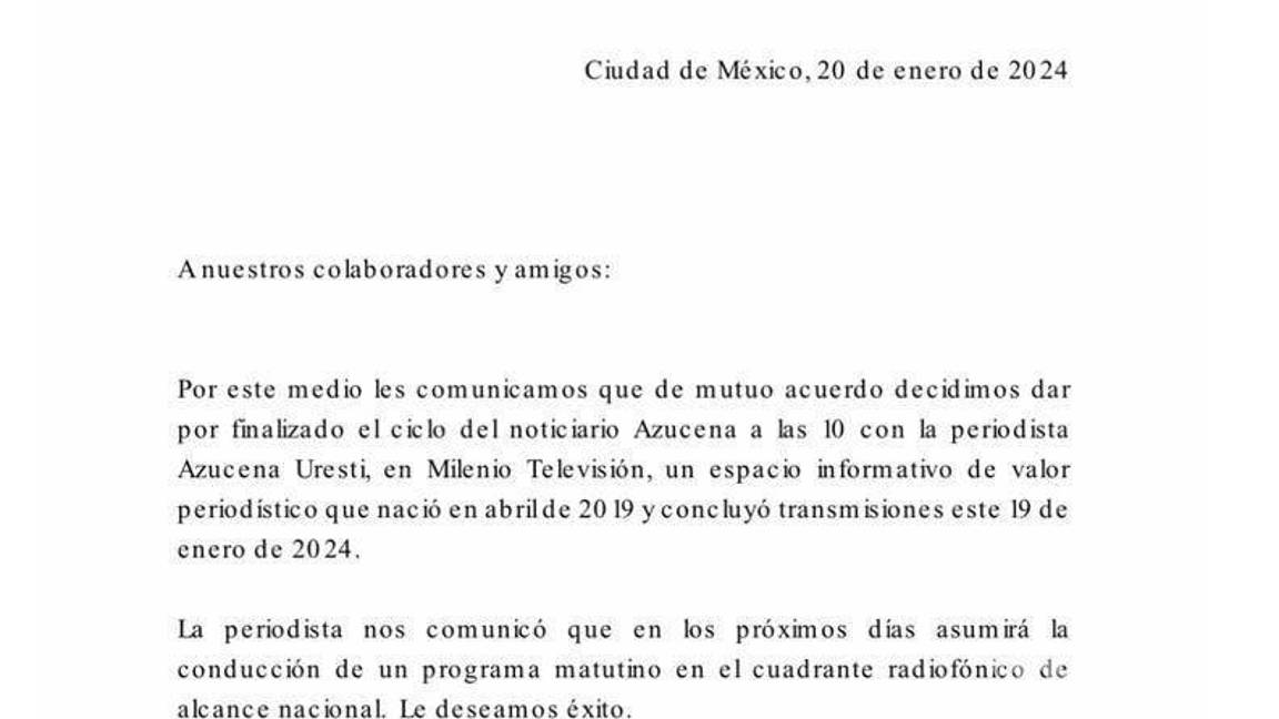 $!Grupo Milenio envía comunicado de prensa para aclarar salida de Azucena Uresti.