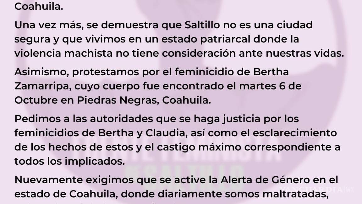 $!Mujeres se manifiestan por Claudia y las 22 muertas más de Coahuila