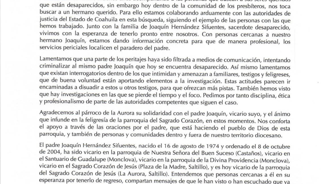 $!Lamenta Diócesis de Saltillo ‘intimidación’ en interrogatorios sobre sacerdote desaparecido