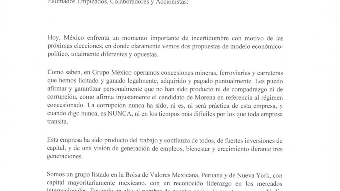 $!Grupo México llama a empleados a no votar por un gobierno populista