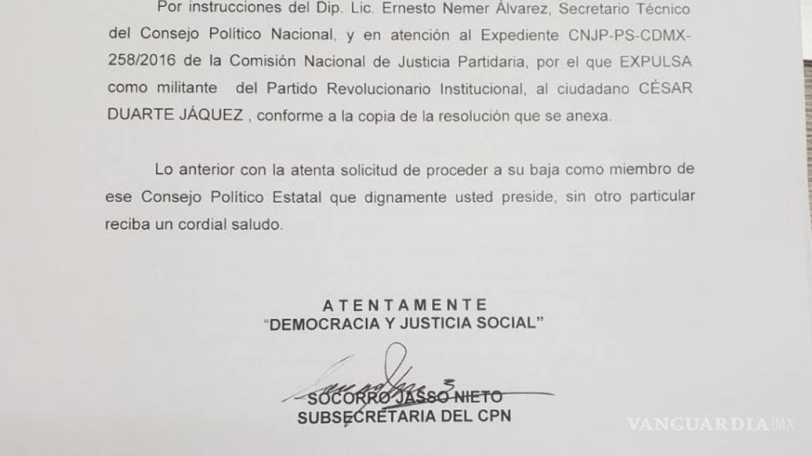 $!César Duarte, exgobernador de Chihuahua, es expulsado del PRI