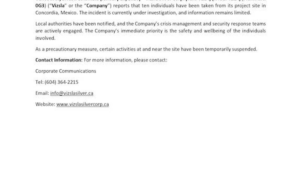 $!Vizsla Silver suspende operaciones en proyecto Pánuco tras secuestro de 10 trabajadores en Concordia, Sinaloa