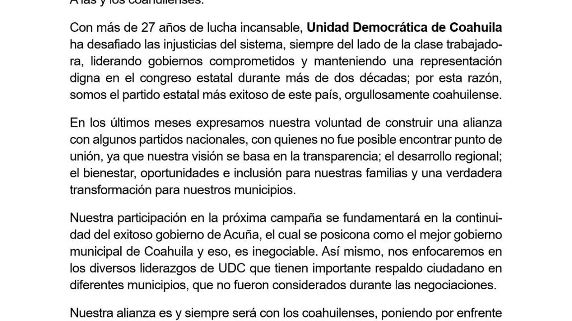 $!El comunicado de prensa que difundió esta tarde la UDC.