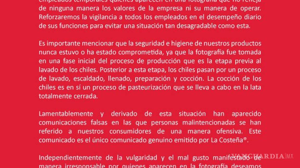 $!Foto de empleados le cuesta toneladas de chiles y una averiguación a La Costeña