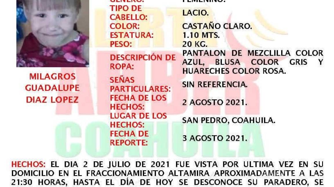 A metros de su casa encuentran a niña perdida en San Pedro Coahuila