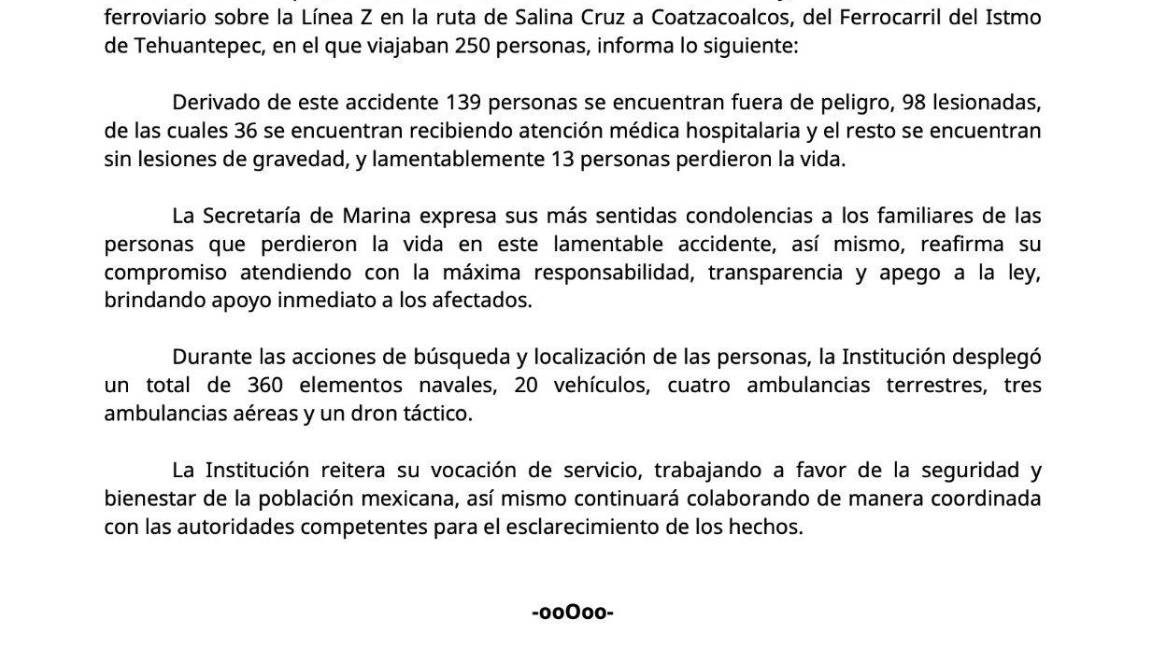 $!Semar confirma 13 muertos y 98 lesionados en descarrilamiento del Tren Interoceánico, en Oaxaca