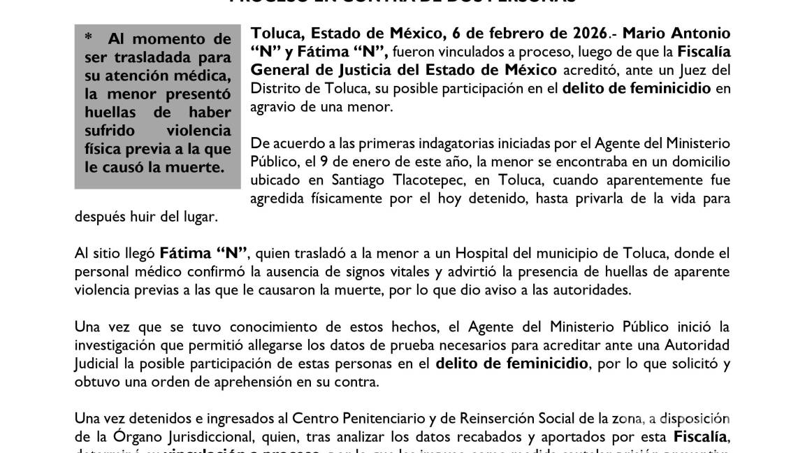 $!Vinculan a proceso a Mario Antonio ‘N’ y Fátima ‘N’ por feminicidio de una menor en Toluca