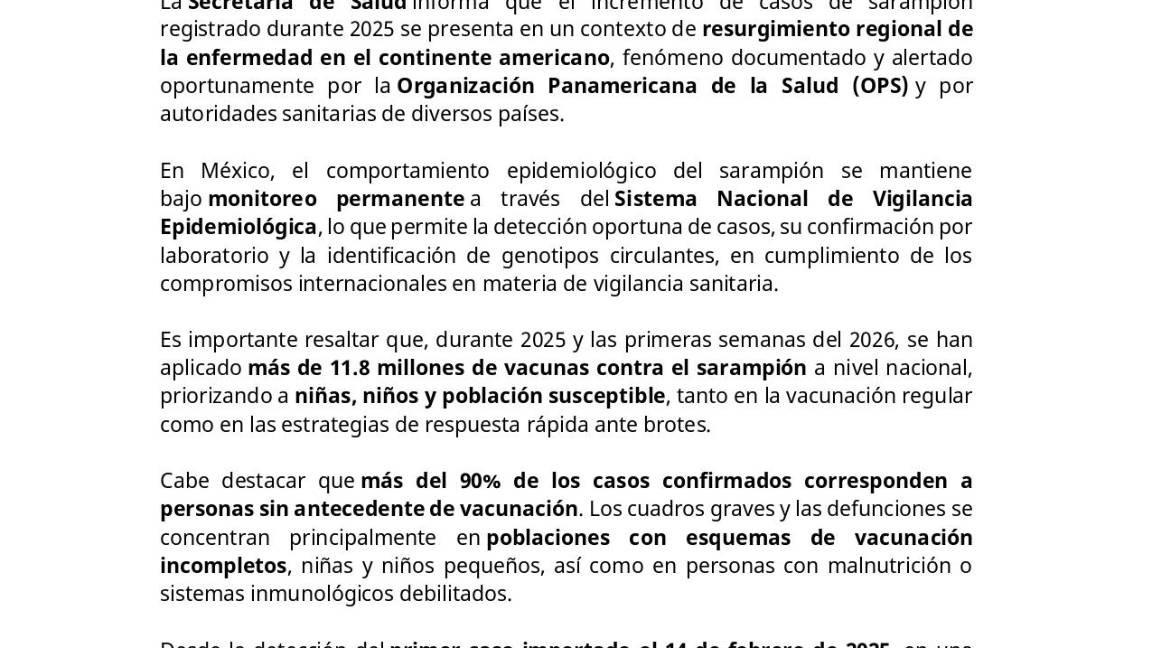 $!Secretaría de Salud: Casos de sarampión se mantienen bajo vigilancia epidemiológica en México