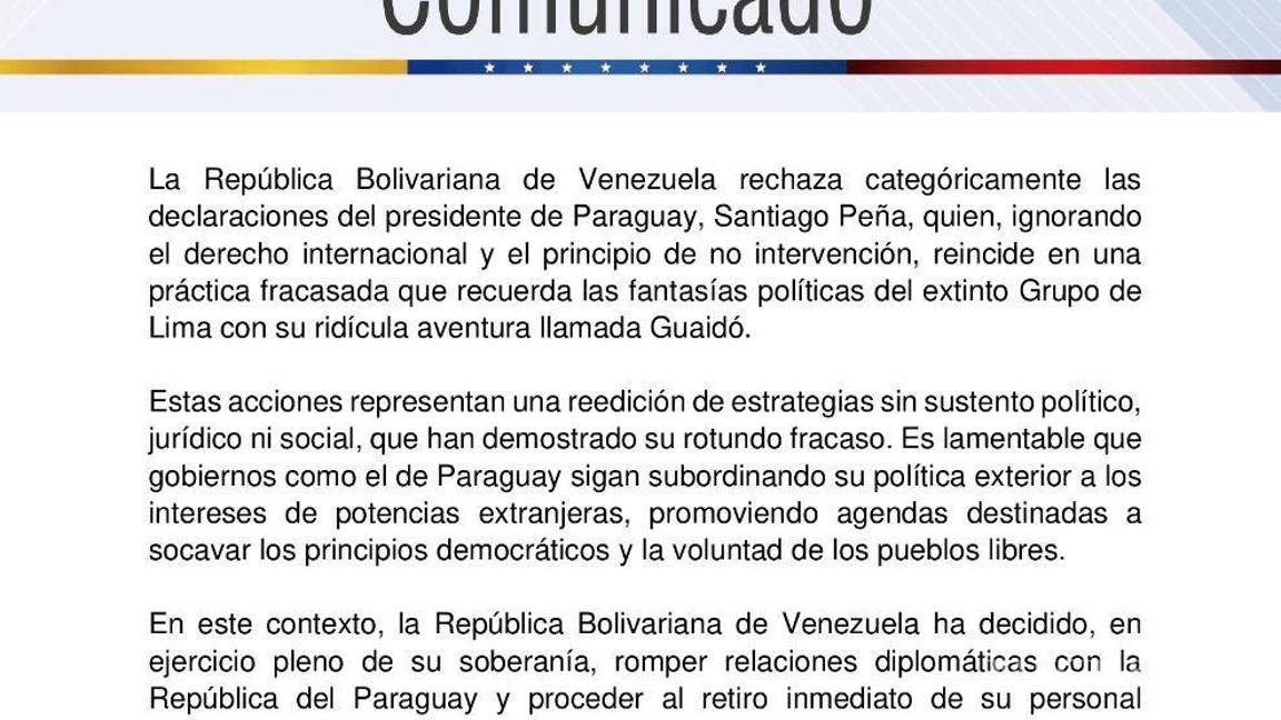 $!Venezuela rompe relaciones diplomáticas con Paraguay tras declaraciones de apoyo a la oposición