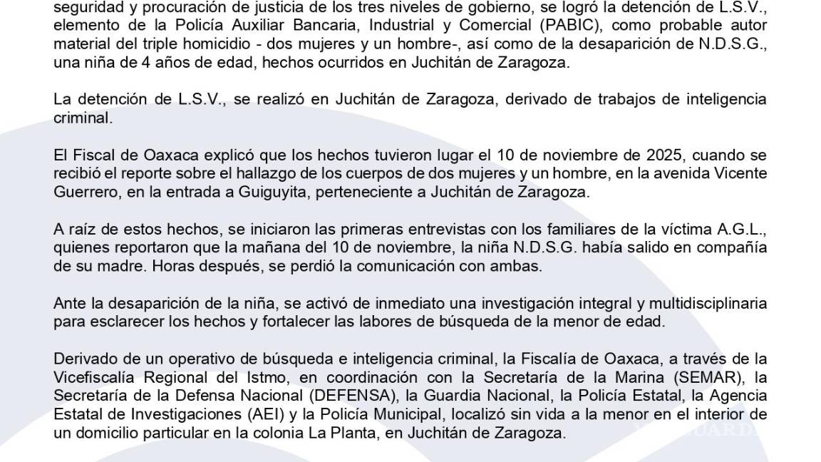 $!Fiscalía de Oaxaca confirma la detención de presuntos implicados en desaparición y triple homicidio, incluido el de una menor de edad.