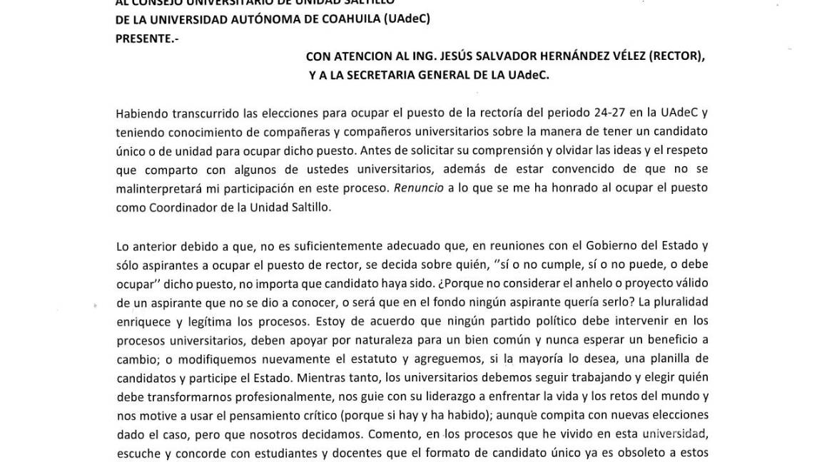 $!Esta es la carta de renuncia del coordinador de la Unidad de Saltillo.