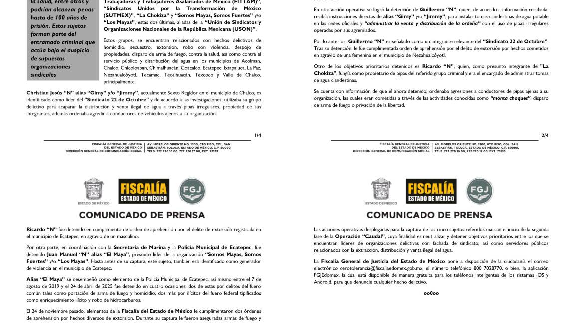 $!La Fiscalía mexiquense presentó a seis presuntos líderes sindicales detenidos por delitos relacionados con la extracción y venta ilegal de agua durante la Operación “Caudal”.