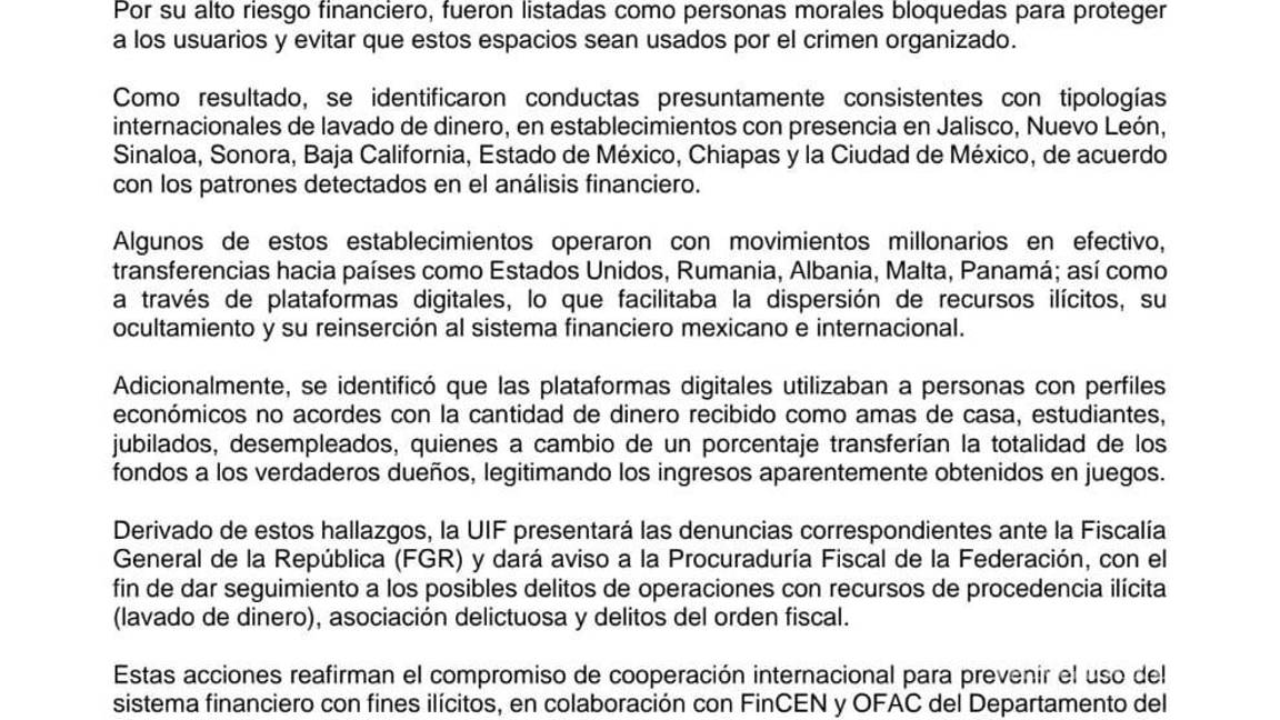 $!La SHCP, en coordinación con la UIF y el Gabinete de Seguridad, dio inicio a denuncias ante la FGR tras detectar patrones internacionales de operaciones sospechosas, reforzando la cooperación internacional con autoridades financieras de Estados Unidos para combatir el lavado de dinero.