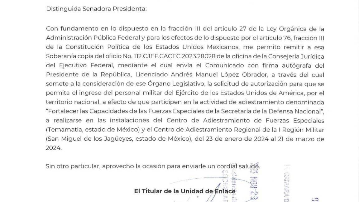 $!Solicitud enviada al Senado de la República por el Presidente Andrés Manuel López Obrador busca que aprueben la solicitud de permiso para que 11 militares originarios de Estados Unidos ingresen a México portando armas.