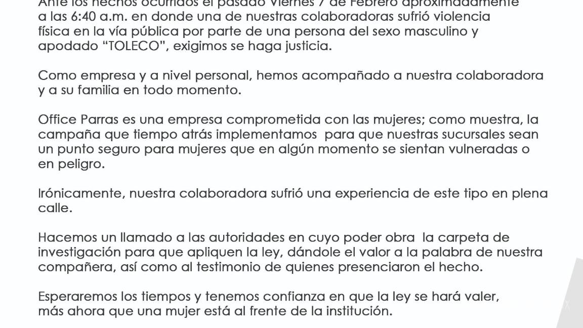 $!Office Parras exige justicia para su colaboradora agredida y reitera su compromiso con la seguridad de las mujeres en su comunicado oficial.