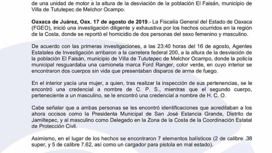 $!Encuentran cuerpos sin vida de alcaldesa y delegado en Oaxaca