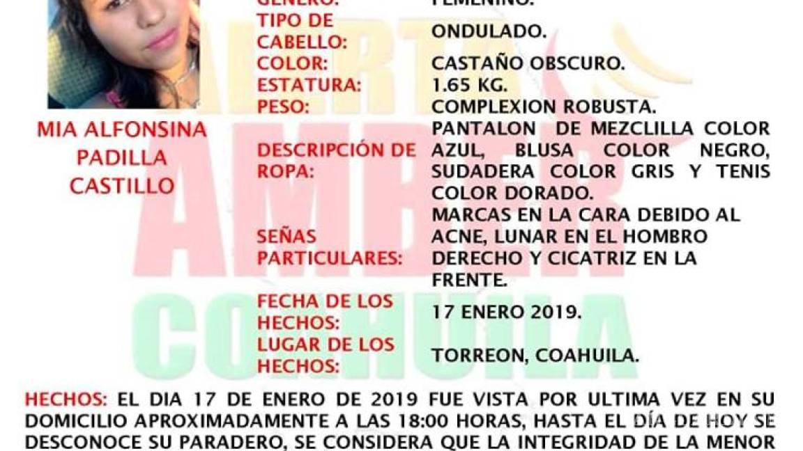 Luego del hallazgo de menor ejecutada, emiten alerta amber en Torreón por niña de 12 años