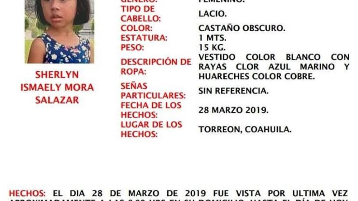 Continúa búsqueda de Sherlyn, niña de 3 años sustraída en Torreón