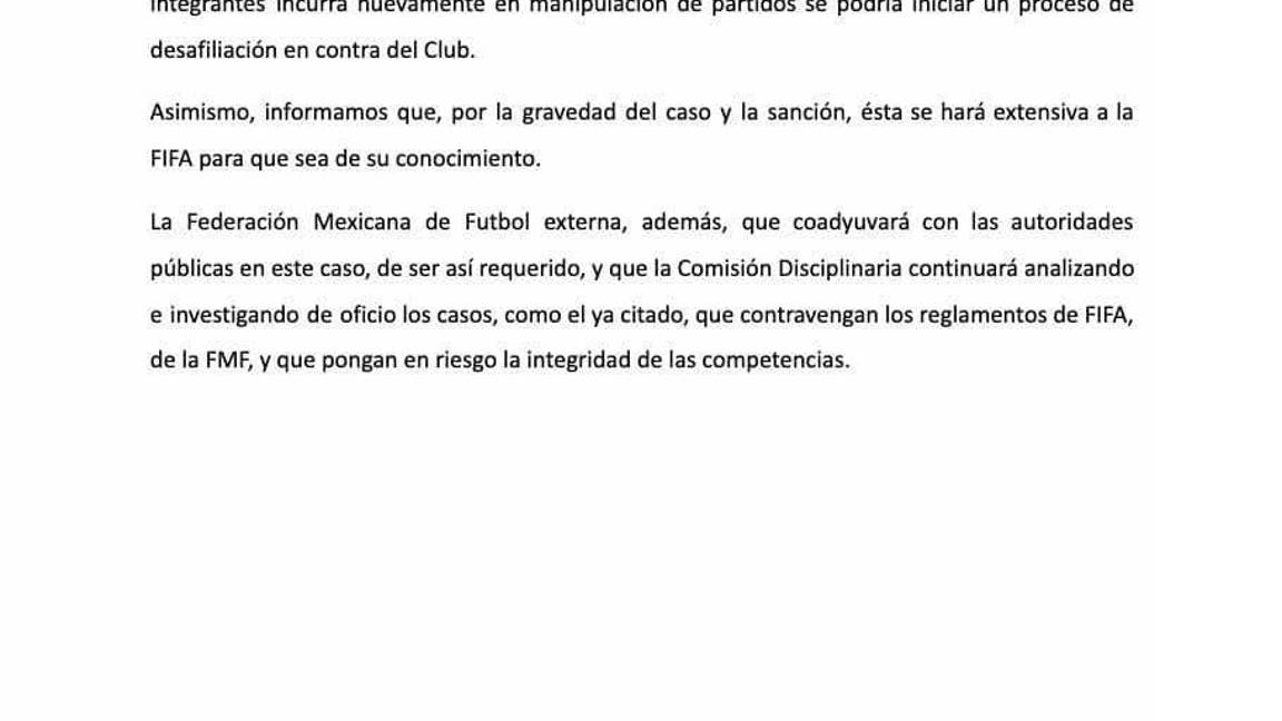 $!Este es el comunicado que emitió la Federación en torno al castigo.