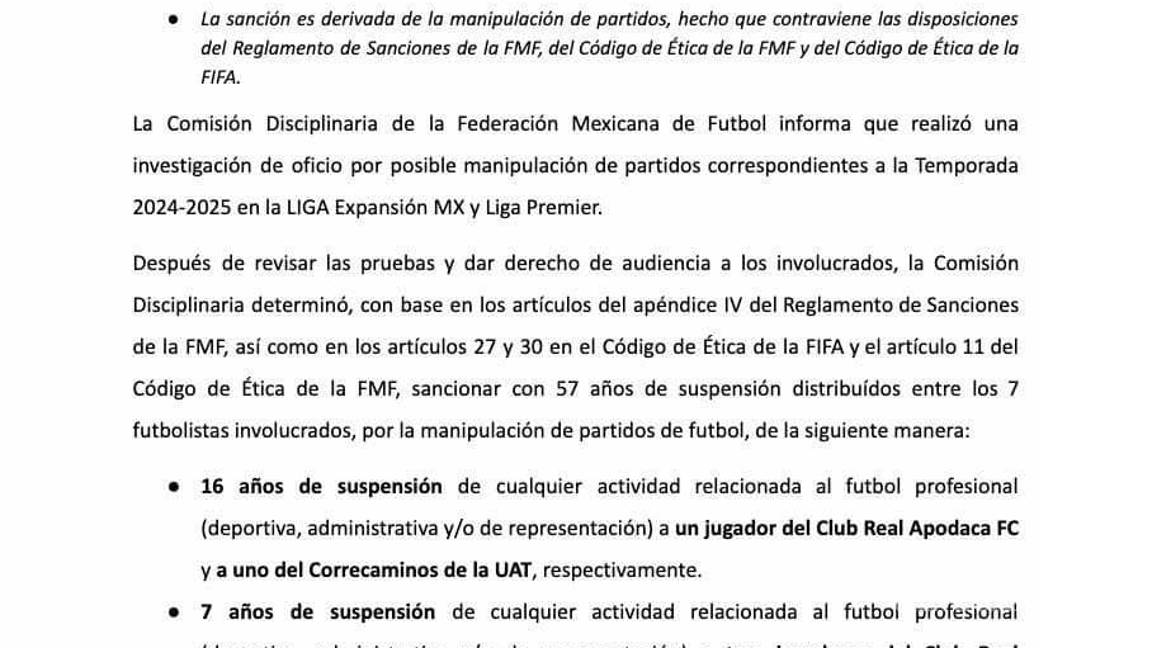 $!Este es el comunicado que emitió la Federación en torno al castigo.