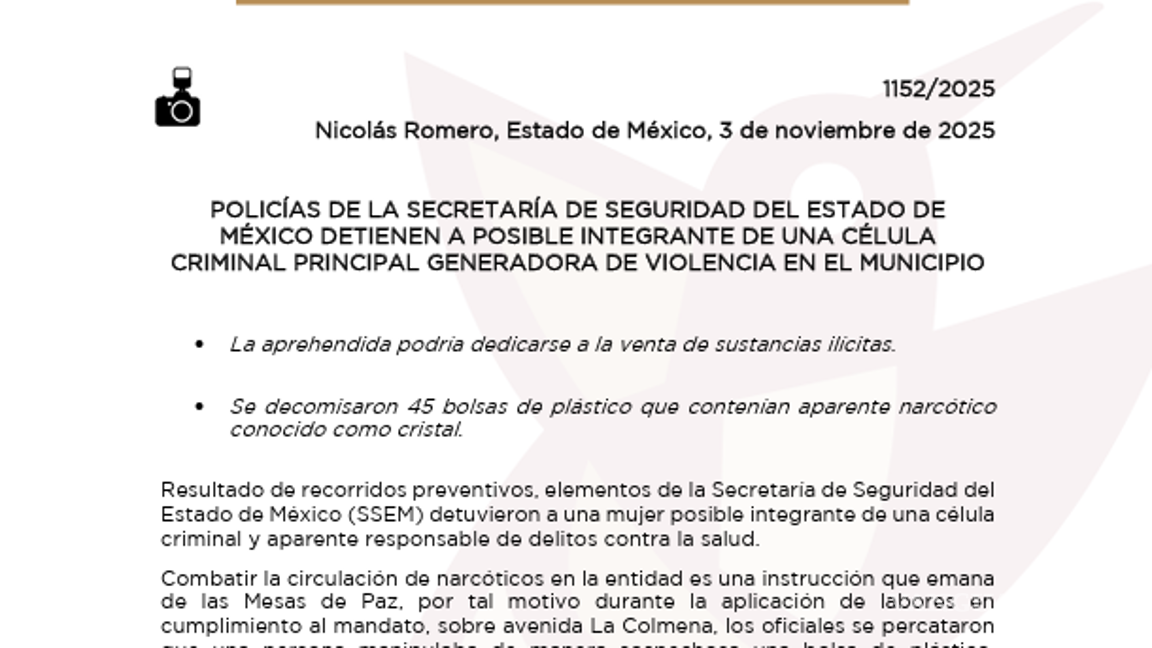 $!Cae presunta criminal del CJNG en el Estado de México; le decomisan 45 envoltorios de droga