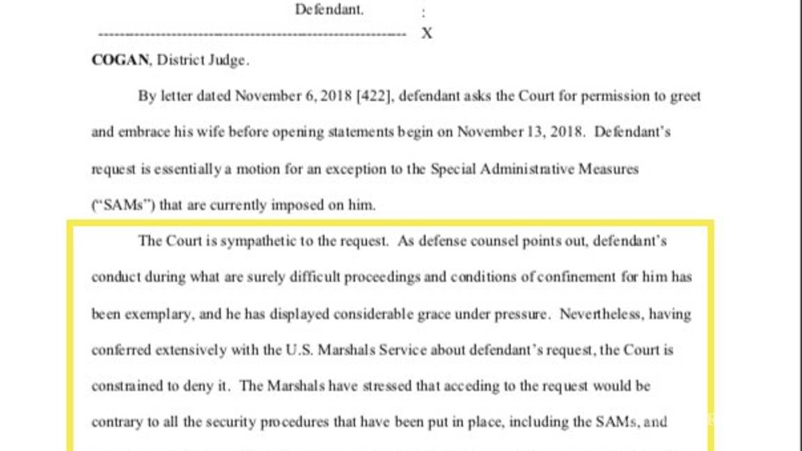 $!Juez niega a "El Chapo" petición de abrazar a su esposa