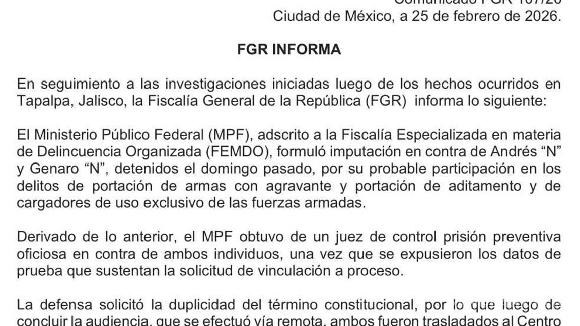 $!FGR imputa a presuntos guardias de ‘El Mencho’; se quedan en prisión preventiva