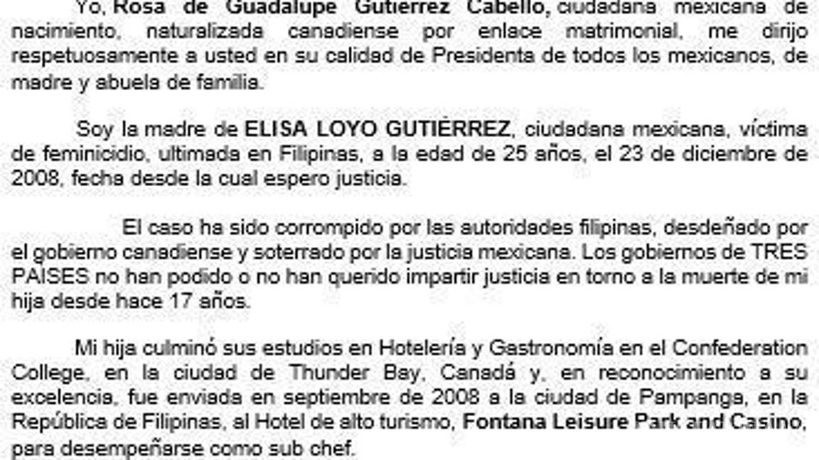 $!La abogada señala omisiones y presunta corrupción de autoridades filipinas, canadienses y mexicanas, y pide que se reabra la investigación como feminicidio.