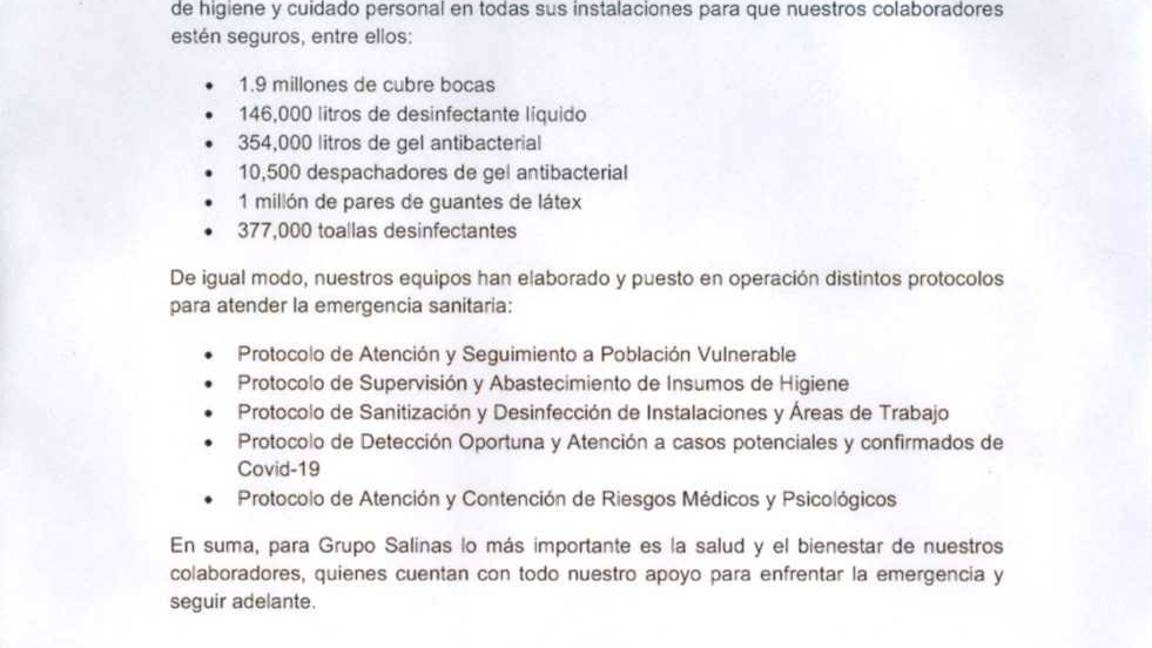 $!Grupo Salinas aclara que aplica “aislamiento selectivo”, y compró gel y cubrebocas para empleados