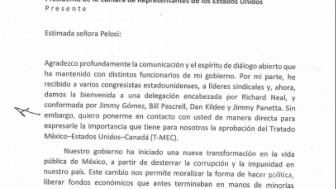 $!Con esta carta AMLO pidió a Nancy Pelosi no demorar aval del T-MEC por elecciones en EU