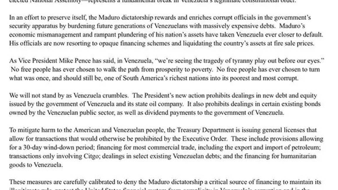 $!Estados Unidos prohíbe operar con acciones y bonos del gobierno de Venezuela y su petrolera