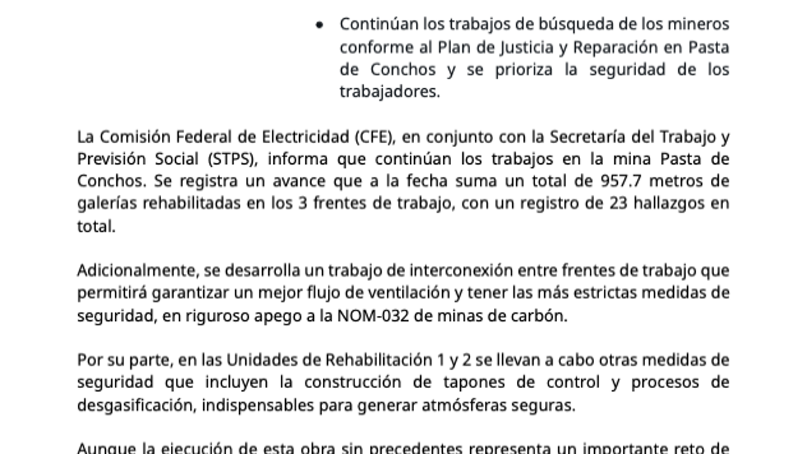 $!Representantes de la CFE y la STPS informan sobre el avance de los trabajos de rehabilitación y rescate en la mina Pasta de Conchos, destacando las medidas de seguridad implementadas.