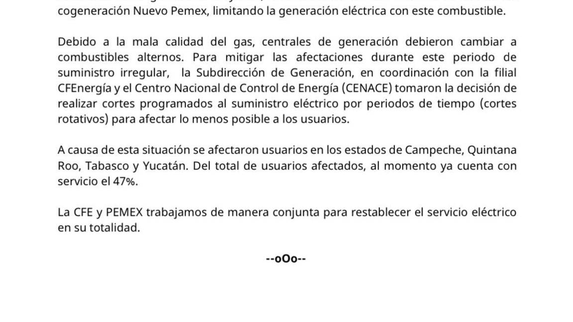 $!CFE revela la razón tras el apagón masivo que afectó a Quintana Roo, Yucatán, Campeche y Tabasco