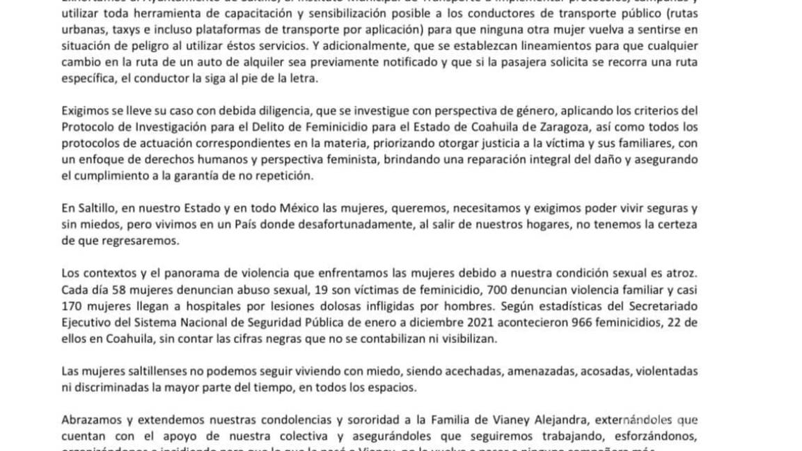 Caso Vianey: exhortan feministas a IMT Saltillo capacitar choferes, piden prohibir los cambios de ruta