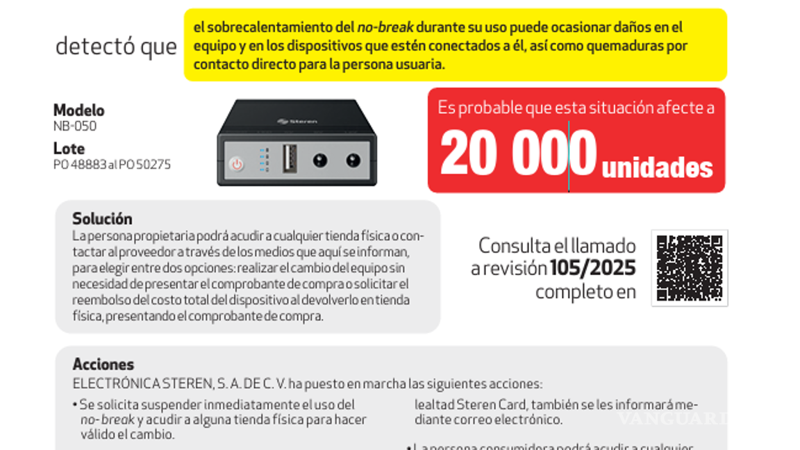 $!Boletín de llamado a revisión para no-break de la marca Steren.