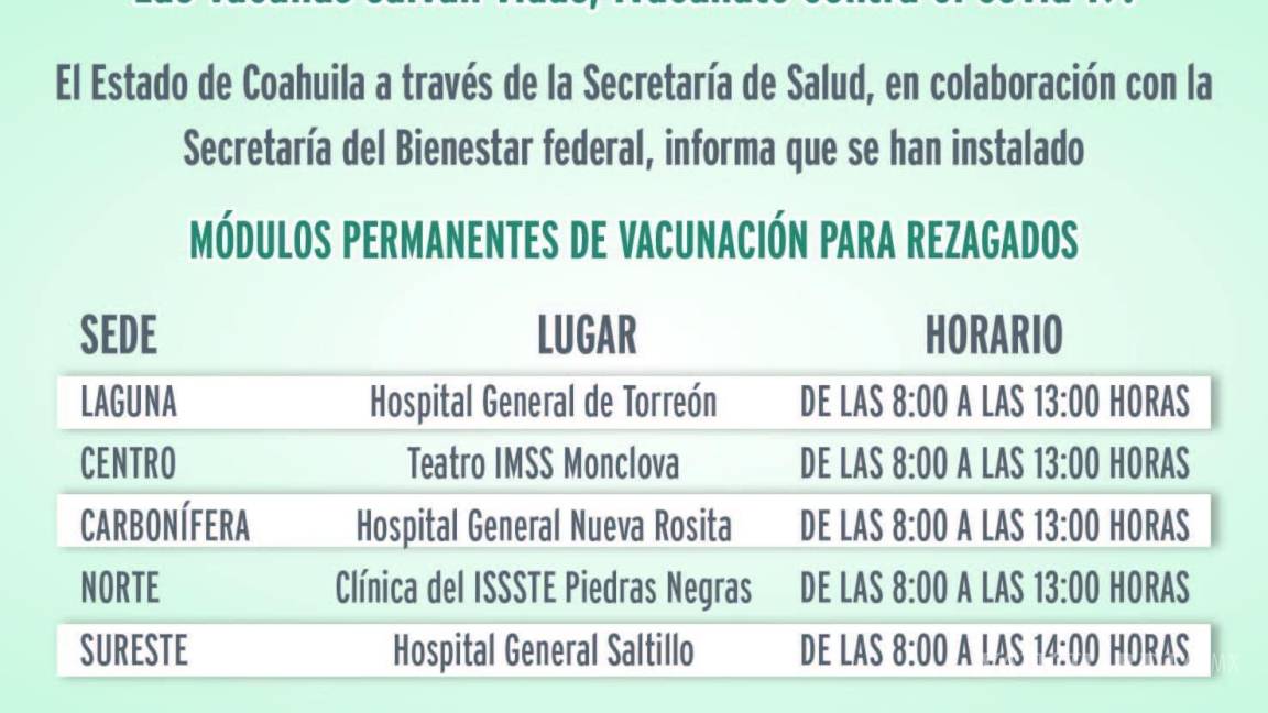 Coahuila: Instalan módulos de vacunación permanentes contra el Covid-19 para rezagados