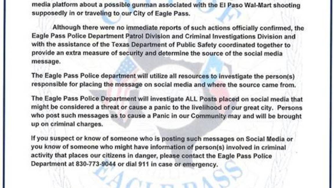 Investigan mensajes que alertan sobre posibles atentados en Eagle Pass, Texas